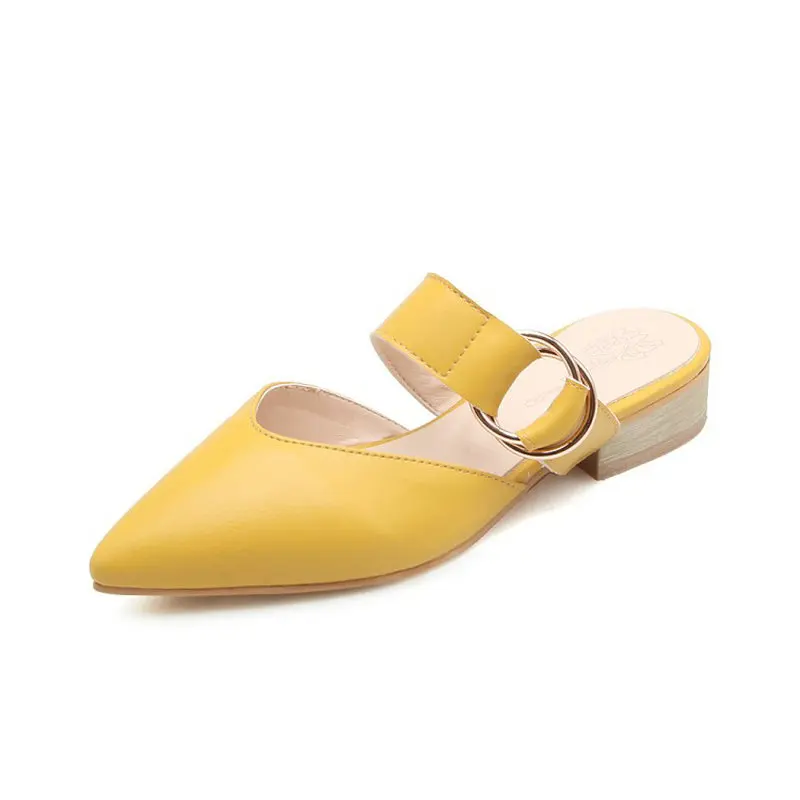 

Dropshipping 2019 New square low heels pointed toe yellow buckle woman slippers ladies shoes women mules plus size 42 43