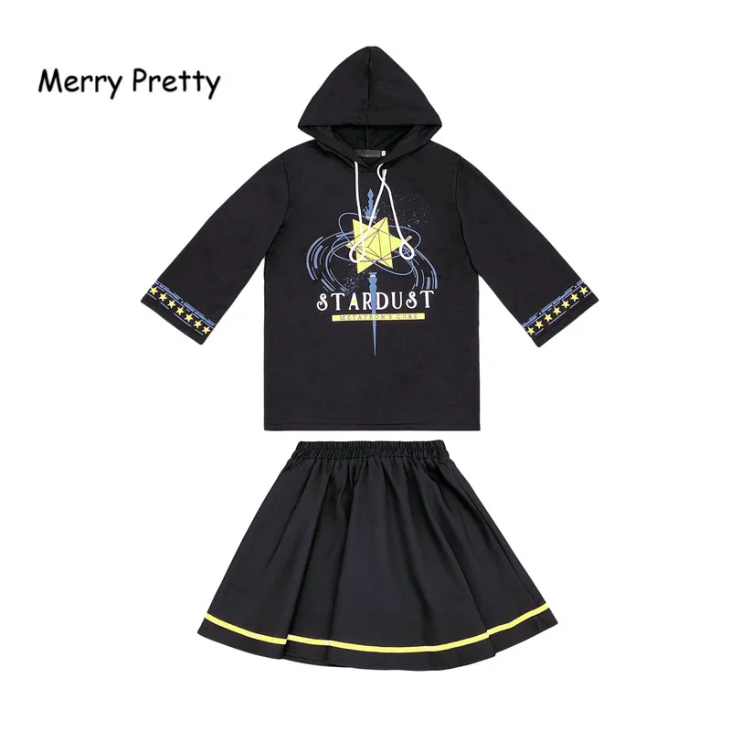 

Merry Pretty Black Drawstring Hoodies And Pleated Mini Skirt Set Women Spring Autumn 2 Piece Set Female Sweet Two Piece Set
