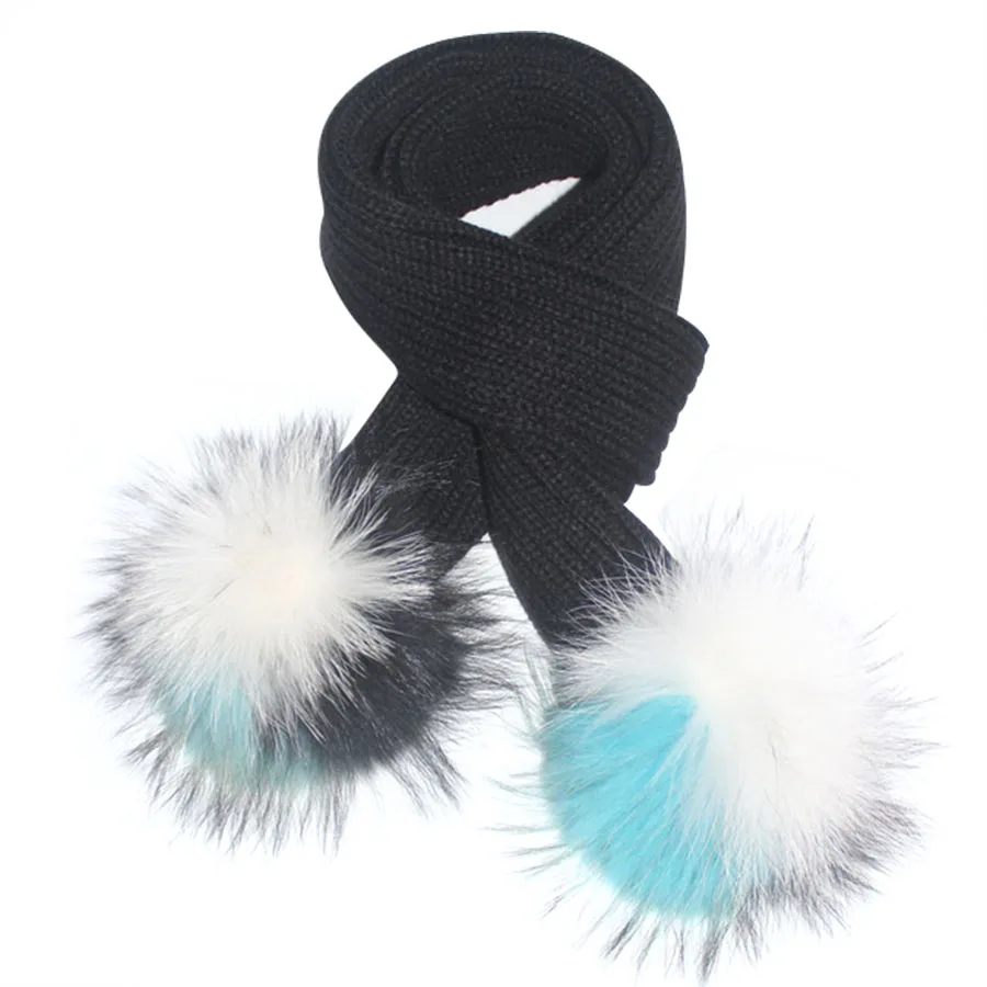 Luxury Quality 130*16cm crochet Children Scarf Knitted Winter Fur Scarves Kids Real Raccoon Fur PomPoms neck warmer scarf