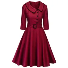 2019 Casual Borgoña elegante Oficina Lady Plaid 3/4 manga Vintage vestido Turn-down Collar cinturón mujeres Retro vestidos para primavera y otoño