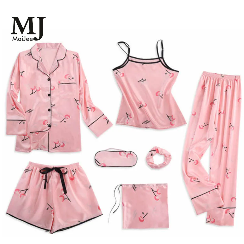 

MJ046A 7 Pic Satin Pajamas Pyama Woman Night Suit Invierno Mujer Pajama Set Silk Pijama Mujer Pink Pijama Feminino Pigiama Donna