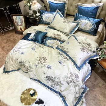 

White Luxury Satin Silk Cotton European Palace Flowers Bedding Set Duvet Cover Bed Sheet/Linen Bedspread Pillowcases 4/6/10Pcs