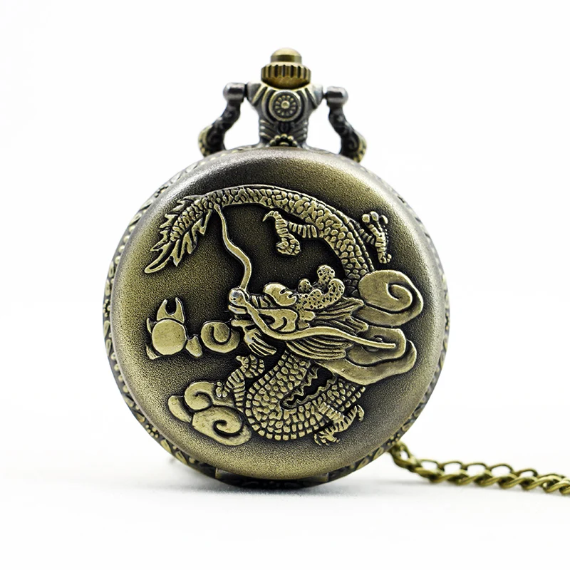 Античная Китайский Зодиак Огненный Дракон огонь Бронзовый стимпанк карманные часы кулон Цепочки и ожерелья для Для женщин и Для мужчин