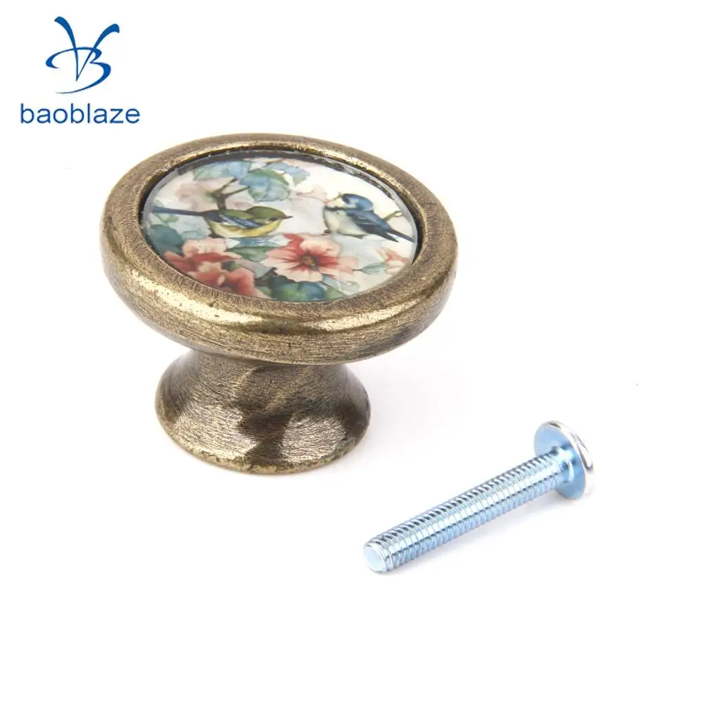 2pcs Vintage Brass Door Knob Cabinet Cupboard Drawer Dresser Pulls Handle Knob with Screws - Flower Bird