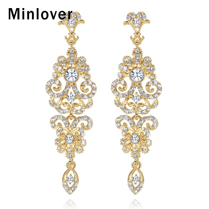 Роскошные цветочные длинные висячие серьги Minlover для женщин прозрачные кристаллы
