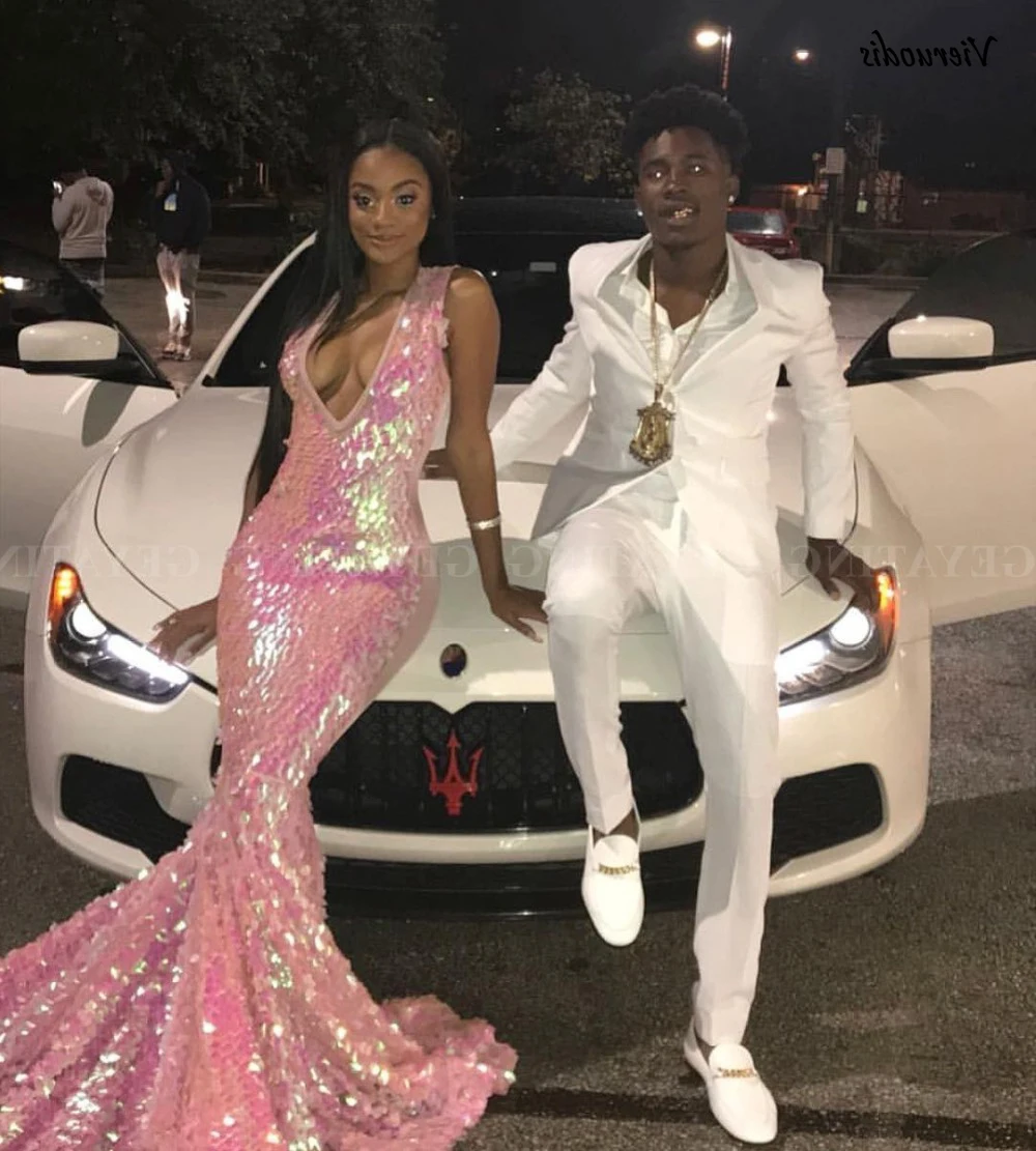 

Sparkly Sequins Pink Mermaid Long Prom Dress with Train Deep V-Neck Plus Size African Graduation Gala Dress Formal Evening Gown