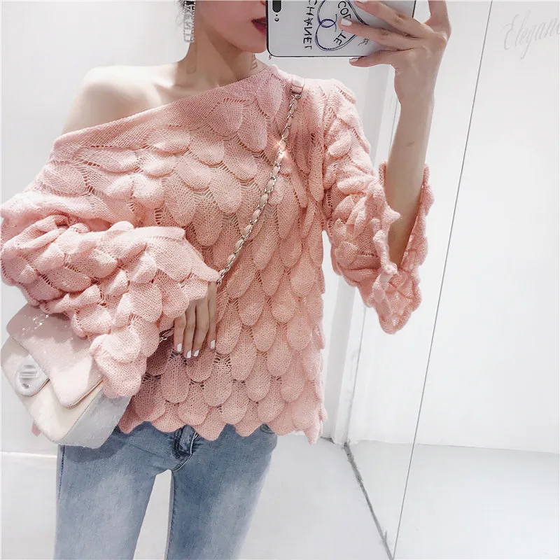 

Sanishroly 2018 Autumn Winter Women Sweaters Pullovers Solid Slash Neck Sweater Ladies Flare Sleeve Knitwear Midi Long Tops S215