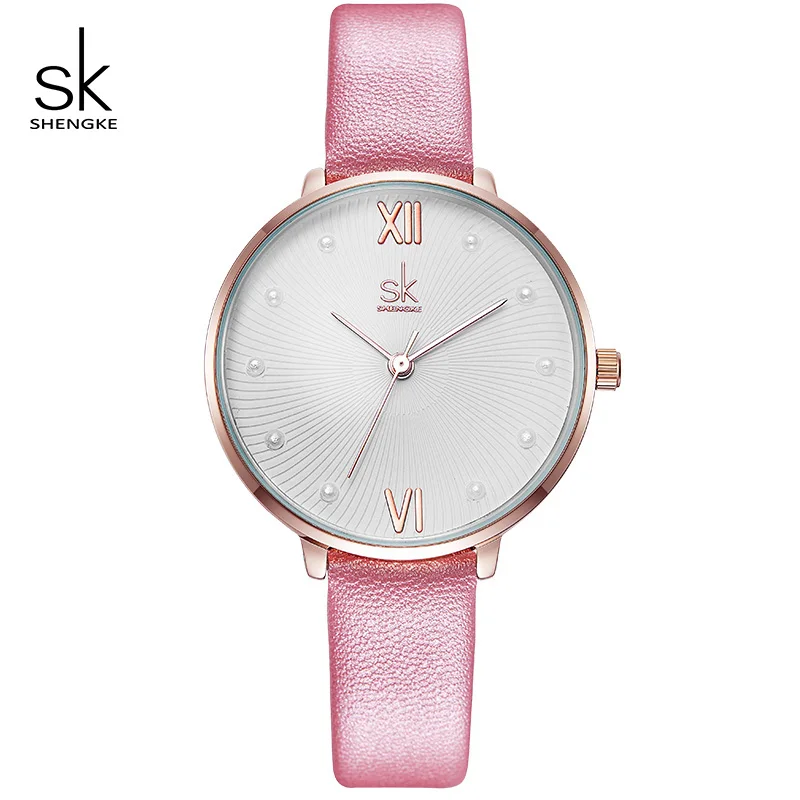 Shengke, повседневные, с жемчужным циферблатом, кварцевые женские часы, белая кожа, женские часы, Reloj Mujer,, женские, подарок на день, часы Zegarek Damski - Цвет: pink