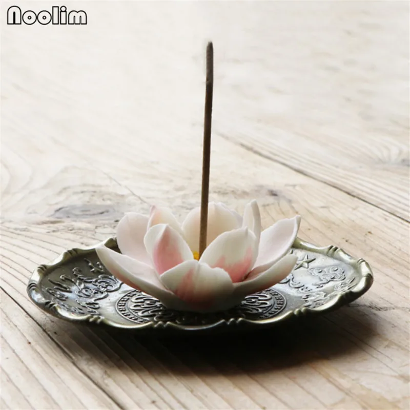 Ceramic Antique Lotus Incense Burner with Copper Incense Base Incense Stick Holder Aromatherapy Censer Home Teahouse Decor