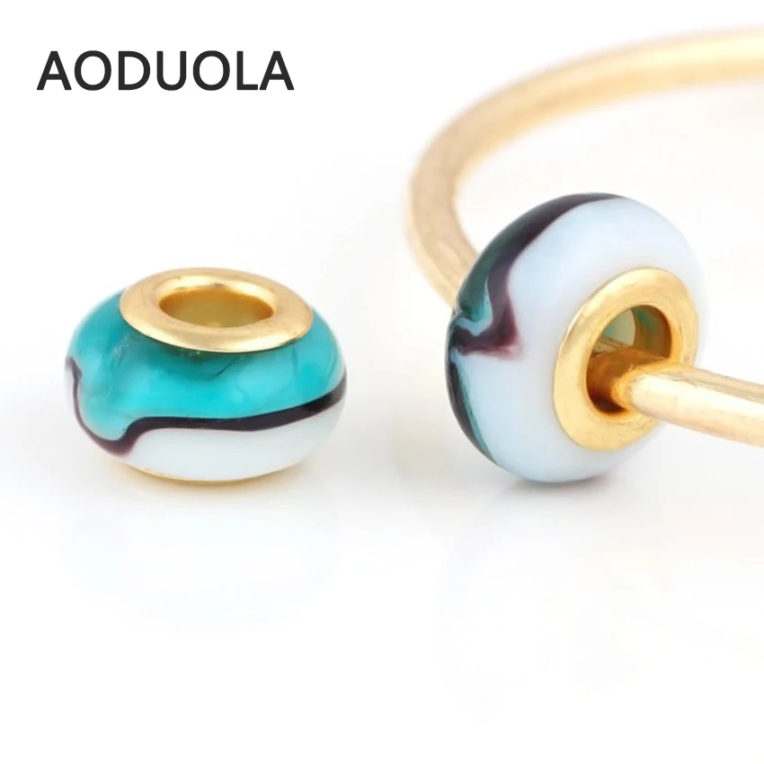 

10 Pcs a Lot blue Beads Round Shape with white DIY Big Hole Beads Spacer Murano Bead Charm Fit For Pandora Charms Bracelet