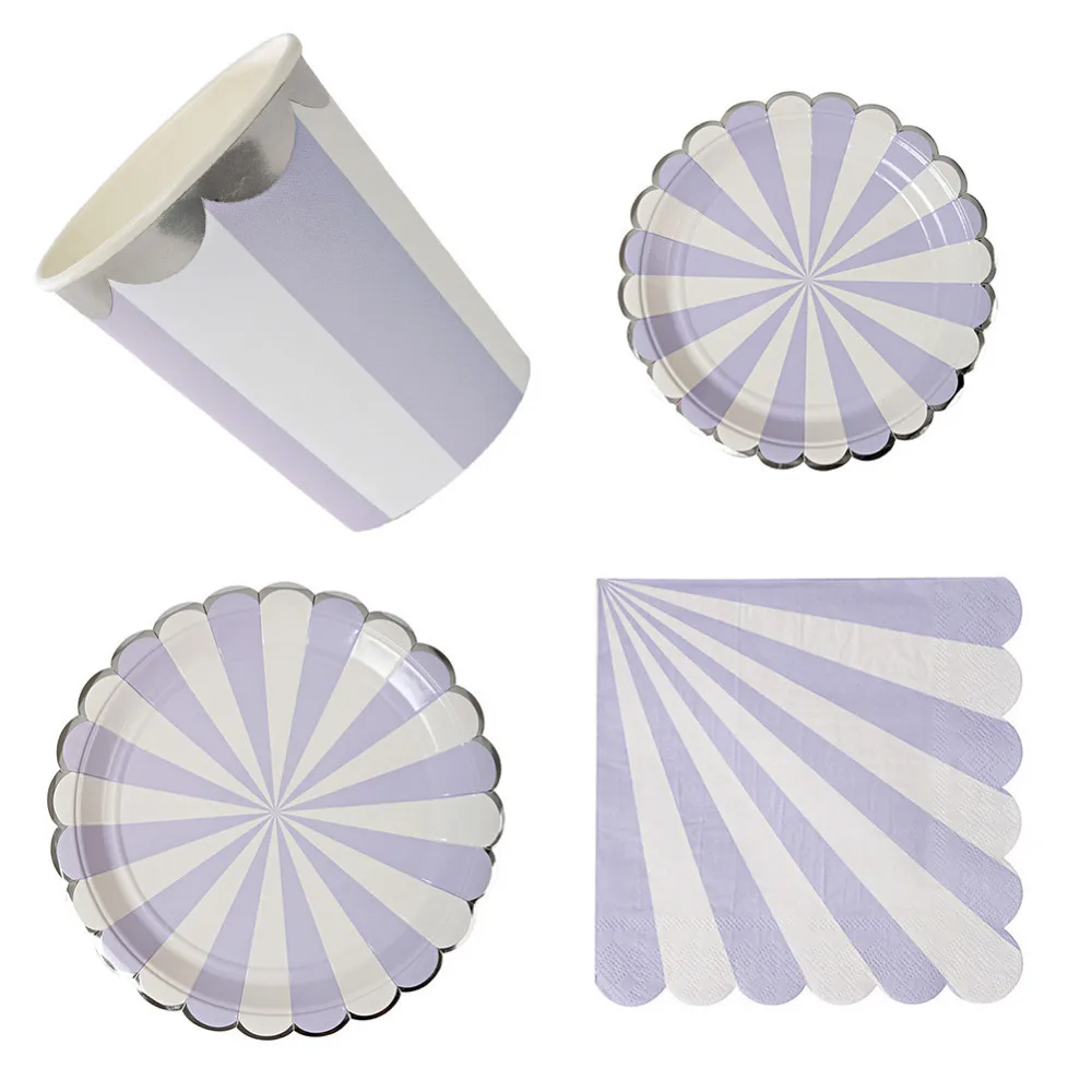 

Silver Blocking Purple Striped Disposable Tableware Set Paper Plates Cups Napkins Party Wedding Carnival Tableware Supplies