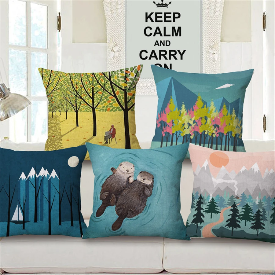 cheap Nordic Tree Scenic Decorative Sofa Throw Pillow Covers For Couch Retro Plaid Vintage Home Decor Cushion Cover Cotton Linen e948