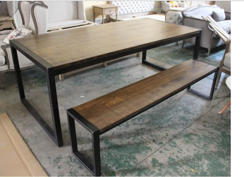 LOFT American country style wrought iron wood bench big long dining