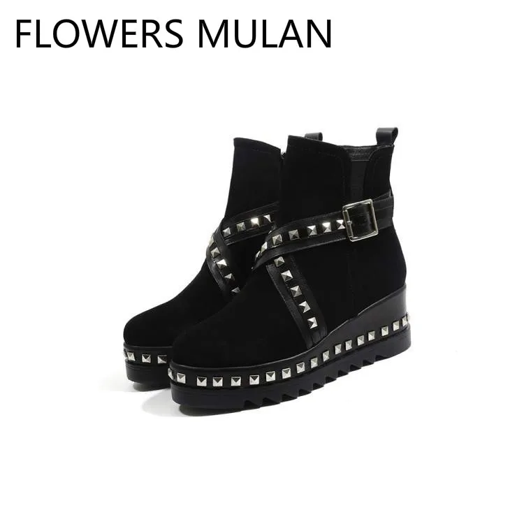 

New Designers Black Brown Suede Ankle Boots For Women Round Toe High Wedges Heel Winter Shoes For Girl Rivets Sole Buckle Botas