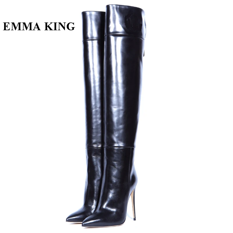 

EMMA KING Factory Sale Botines Mujer 2018 Solid Black High Heels Pointed Toe Side Zipper Boots Women Model Catwalk Shoes Women