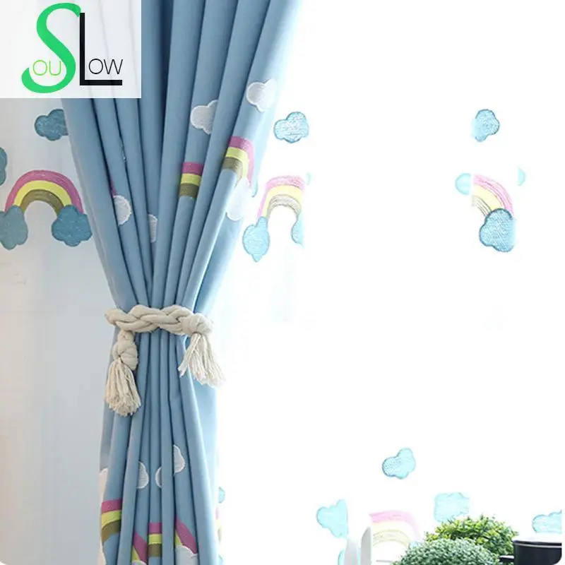 Slow Soul Rainbow Clouds Garden Style Cotton Embroidered Cartoon Curtains Tulle For Living Room Kitchen Bedroom Children Baby