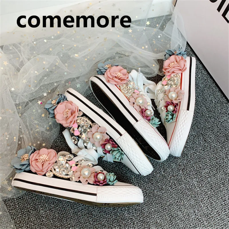 

Outdoor soft bottom spring and autumn new handmade flowers casual children canvas lace cat rhinestone white shoes