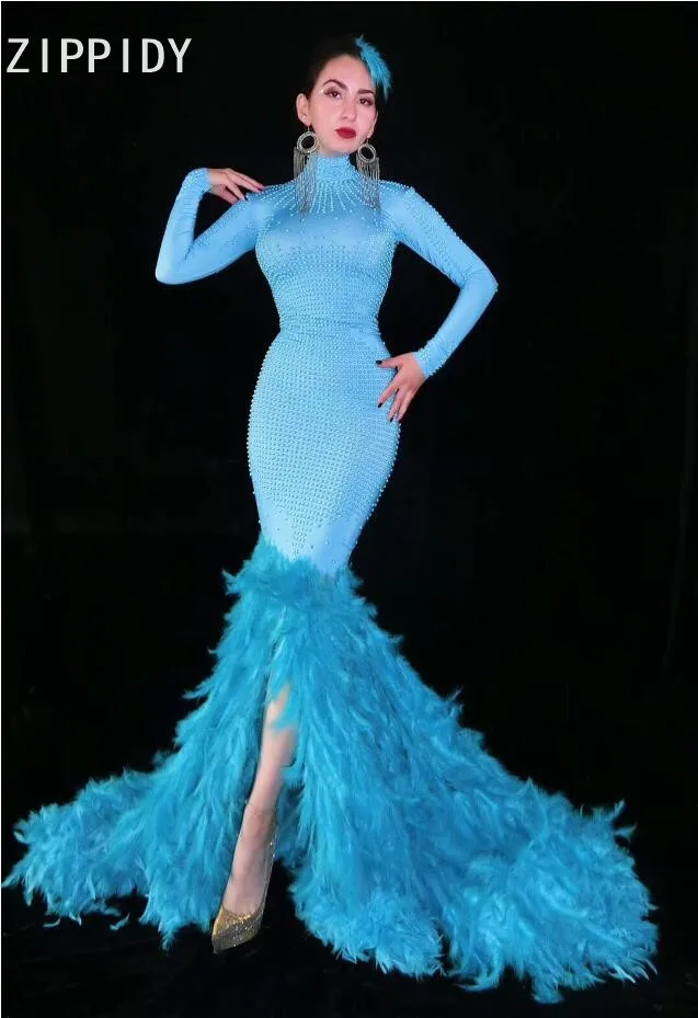 Сексуальное Перо хвоста голубое жемчужное длинное платье для выпускного вечера вечерние танцевальные женские платья день рождения