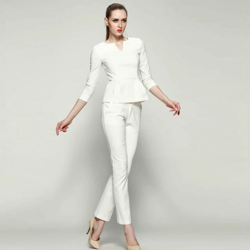 Fashion Stretch Cotton Women White Pant Suits Three Quarter Sleeve Blazer and Long Trouser Suit