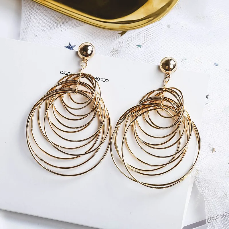 

Fashion Women Girl Gold Color Geometric Multi-layer Round Pendant Earrings Big Smooth Circle Earrings Punk Style