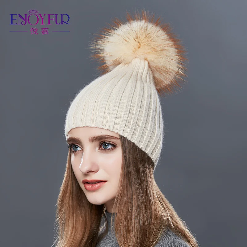 Enjoyfur мода вертикальные полосы зима Шапки для Для женщин кашемир вязаная шапка женская высокое качество Мех pom осень теплая шапочка - Цвет: 09