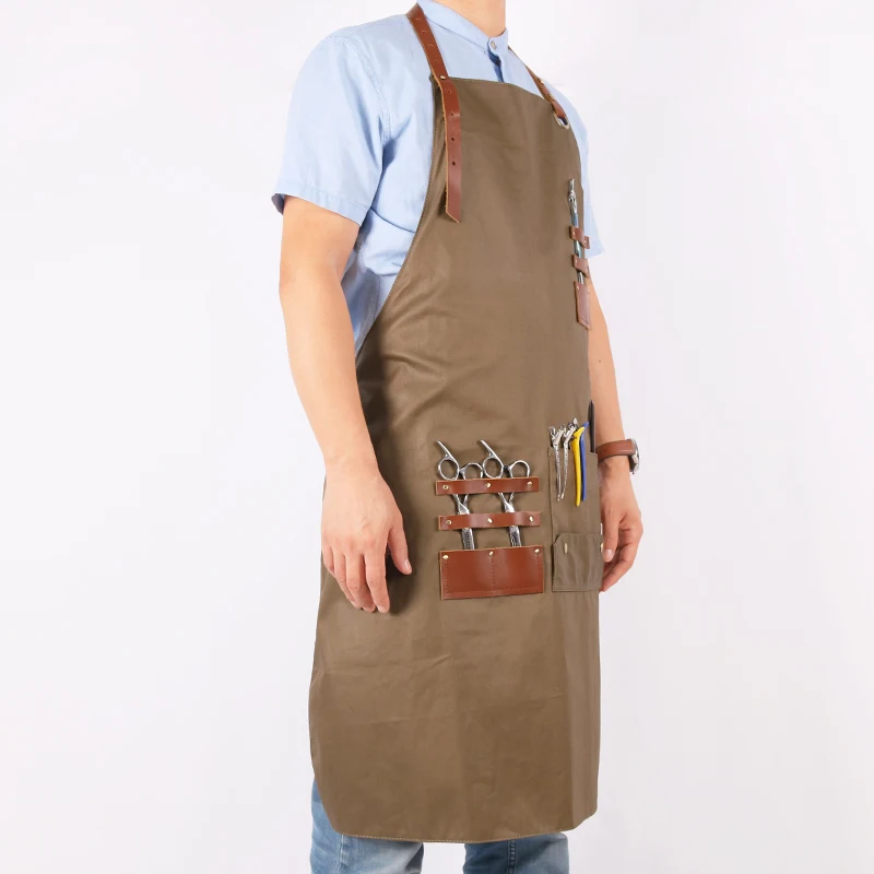 WEEYI Women Men Hairdresser Apron Cotton Bib Aprons Kitchen With Leather Straps Adult Apron For Work Barber Chef Drawing BBQ