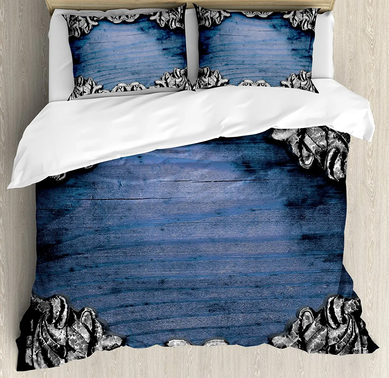 

Victorian Duvet Cover Set , Iron Ornament on Wooden Great Britain Gothic Revival Artwork Peace Print, 4 Piece Bedding Set