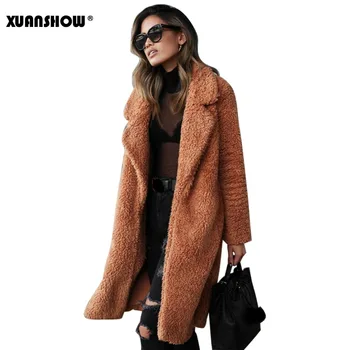 

XUANSHOW 2018 Fashion Jacket Women Winter Female Fluffy Faux Fur Coat Long Loose Turn Down Solid Ladies Thickness Streetwear
