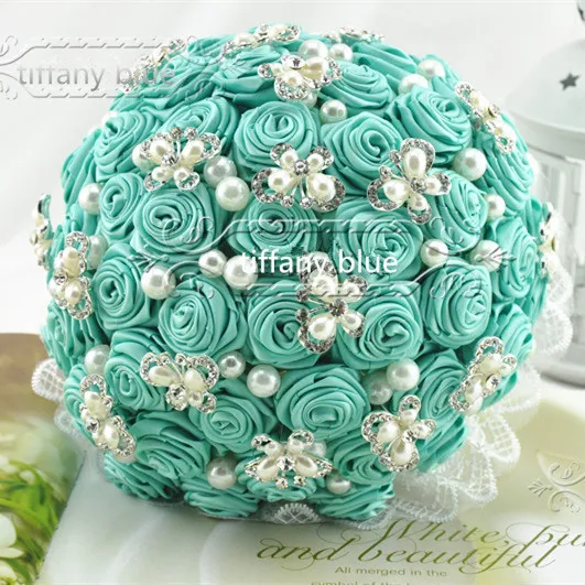 handmade original tiffany blue flower bouquets pearl beaded and brooch