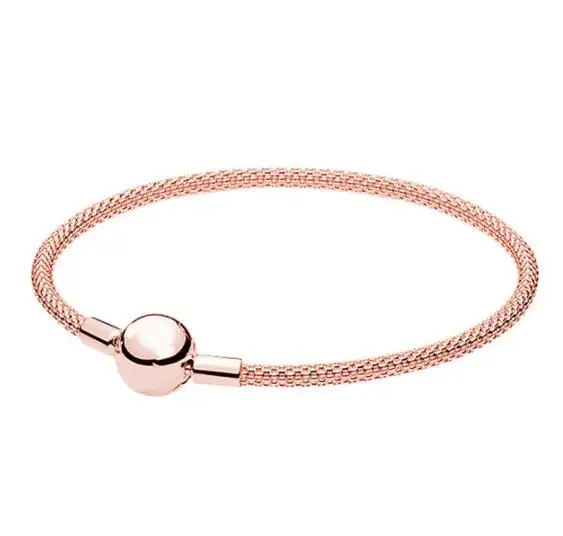 925 Sterling Silver Rose Gold Snake Chain Basic Ball Clasp Mesh Pandora Bracelet Fit Women Bead