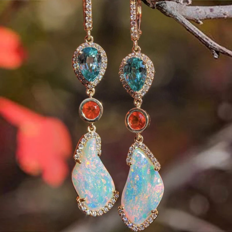 

Vintage Opal White Resin Stone Earrings Gold Color Blue Red Zircon Crystal Long Drop Earrings for Women 2019 Fine Jewelry Z5M316