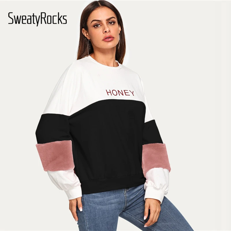 SweatyRocks Повседневная Толстовка из искусственного меха с цветными блоками и буквенным принтом, пуловеры с рукавом Бишопа, одежда, осенние женские толстовки
