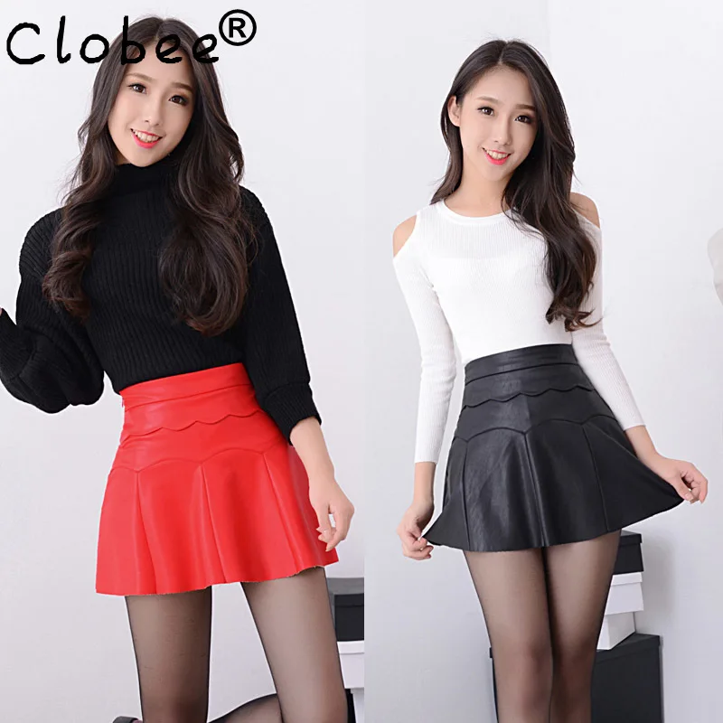 

New 2017 Russia Fashion Black Red high quality leather Skirt Women Vintage High Waist Pleated Skirt Female Short Skirts