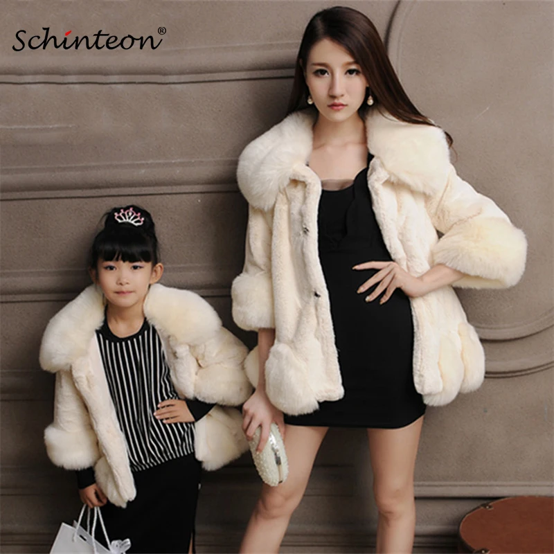 

Faux Fur Coat Jacket Parent Child Outfit Family Synthetic Fake Rex Rabbit Fur with Fox Fur Collar mother and daughter Outwear