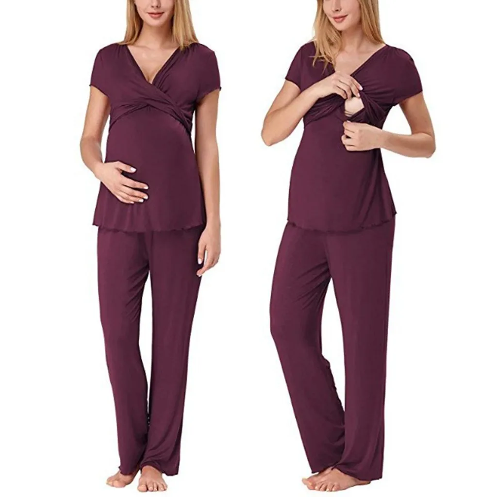 Женская футболка с короткими рукавами для беременных и кормящих детей; топ+ длинные штаны; пижамный комплект; одежда для сна для беременных; hamile gecelik camison;