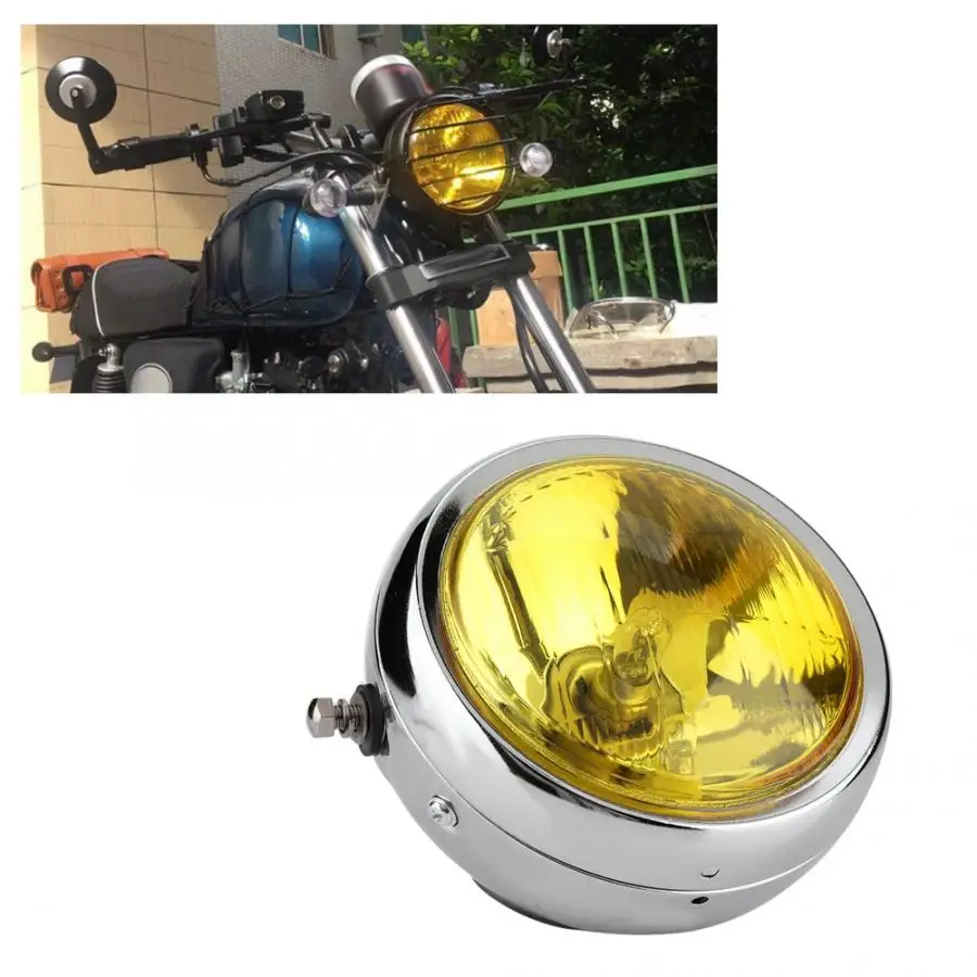 

Universal Retro Yellow Lens Silver Shell Headlamp Motorcycle Front Headlight Lamp Bulb motorcycle parts clignotant moto led New