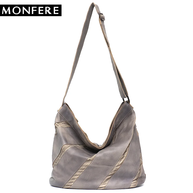 

MONFERE Vintage Handmade Messenger Bag Luxury Brand Real Leather Strip Patchwork Tote Shoulder Bags Female Cross body Handbag