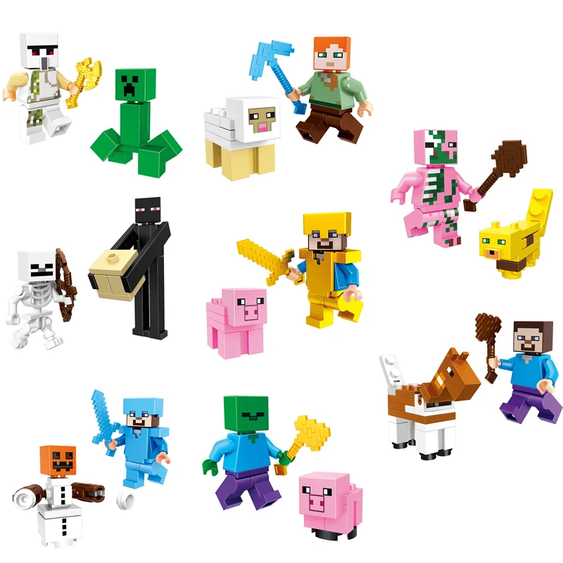 

8Pcs LegoINGlys Minecrafted New Blocks Action Figures Steve Skeleton Enderman Toy Compatible LegoINGly with Plastic Sword Weapon