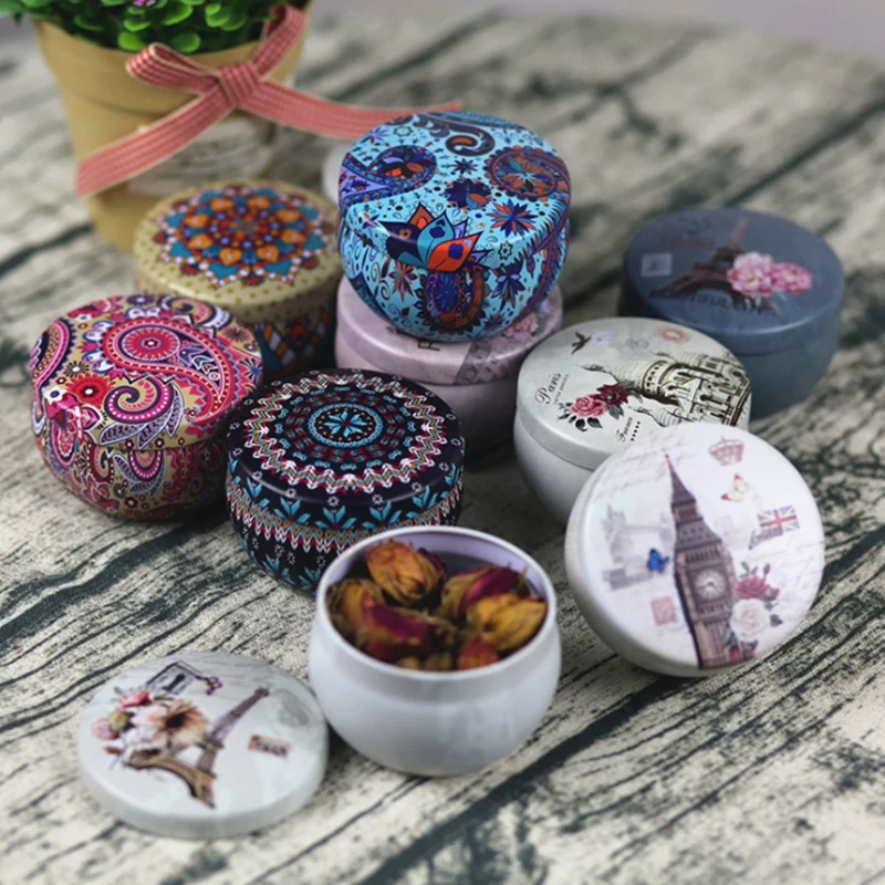 

Vintage Ethnic Style Small Tea Rose Tin Box with Lid Wedding Party Gift Jar Home Garden Personality Cookie Jewelry Candy Tank
