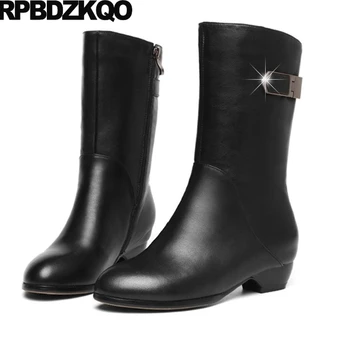 

10 Ladies Black Fall Size 41 Fur Round Toe Side Zip Boots Autumn Flat Metal Big Mid Calf New Chinese 2017 Fashion Female