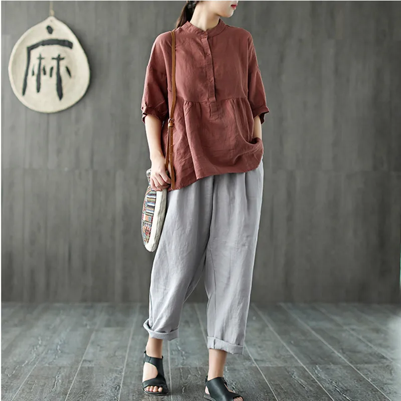 Johnature Stand Collar Solid Color Tops 2018 Summer New Single-breasted Short Sleeve 4 Colors Casual Cotton Linen Women Shirts Johnature Stand Collar Solid Color Tops 2018 Summer New Single-breasted Short Sleeve 4 Colors Casual Cotton Linen Women Shirts