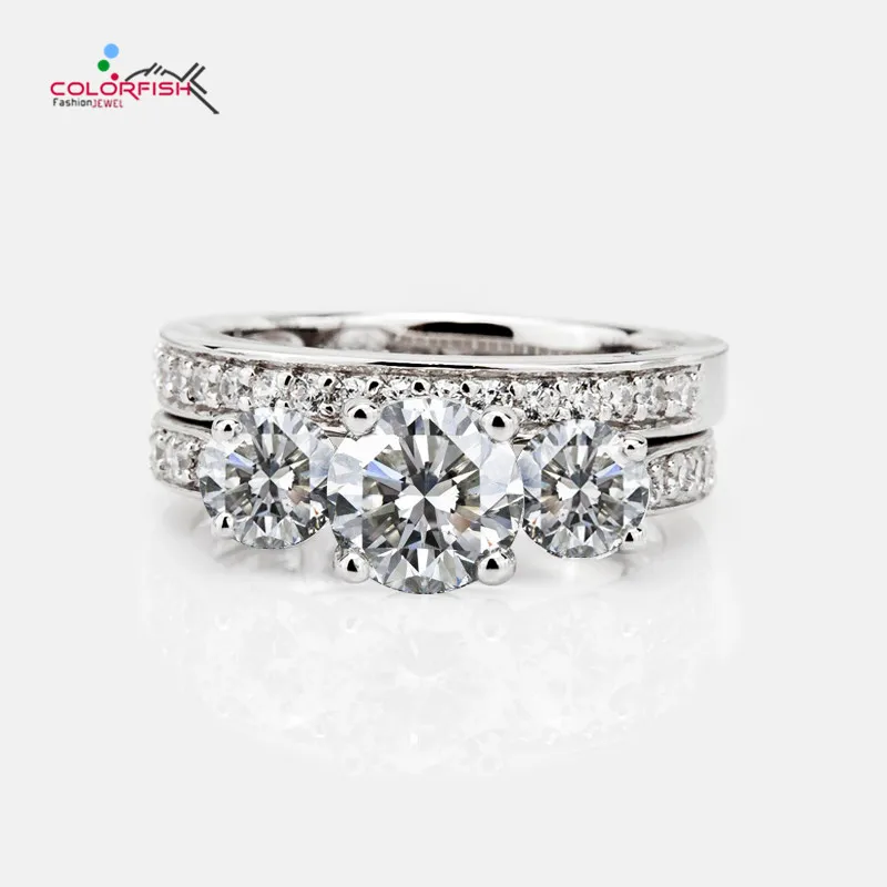 

COLORFISH Solid 925 Sterling Silver 2.25 Ct Round Cut Three Stone Engagement Ring Sets For Women Luxury Jewelry Bridal Ring Set