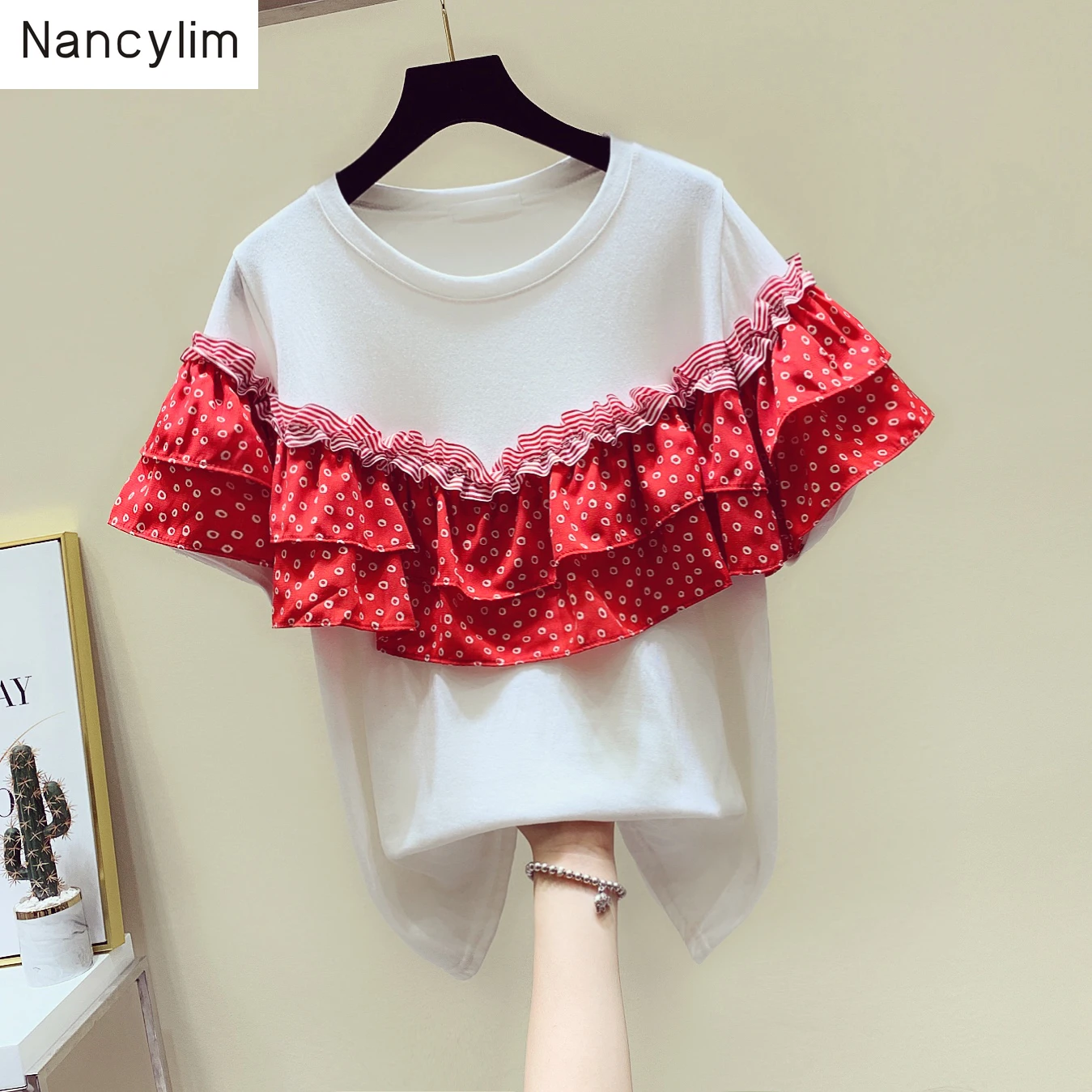 

2019 Summer Tee Shirt Woman New Short Sleeve Double Lotus Leaf Spreading T-Shirt Student's Shirts Tops Nancylim Femme