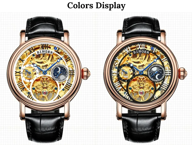 Швейцарские мужские часы Бингер, Большие механические часы, турбийон, кожаный ремешок, фаза Луны, сапфир, водонепроницаемые автоматические часы 43 мм