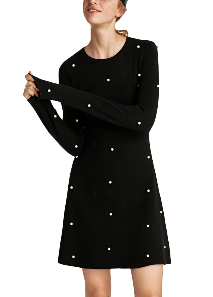 

Women Winter Dress Long Sleeve Mini Dress O-Neck Long Sleeves Pearls Elegant Slim Ladies Party Dresses female Basic Dress gowns