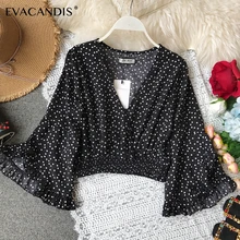 Polka Dot Ruffle Crop Top Women Blouse V Neck Sexy Korean Boho Beach Summer Shirt Flare Sleeve Plus Size Short Chiffon Blouse ruffle trim flare sleeve top
