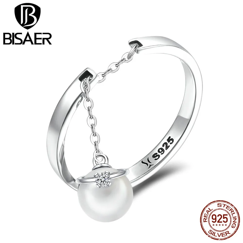 BISAER 100% 925 Sterling Silver Freshwater Pearl Wedding Finger Rings for Women Clear CZ Wedding Ring Silver Jewelry ECR459