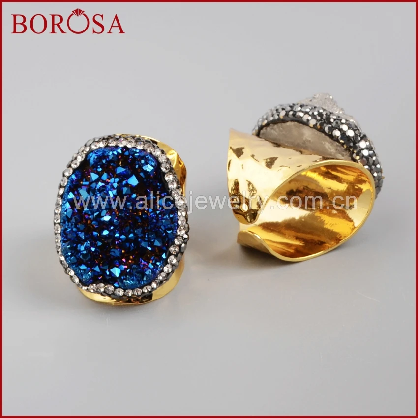 BOROSA Gold Color Rainbow Crystal Titanium Druzy Quartz Copper Ring Paved Zircon for Women JAB255