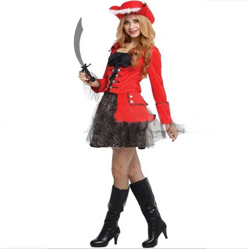 Хэллоуин костюмы для выступлений роскошный красный и черный женский Пират капитан Костюмы для косплея