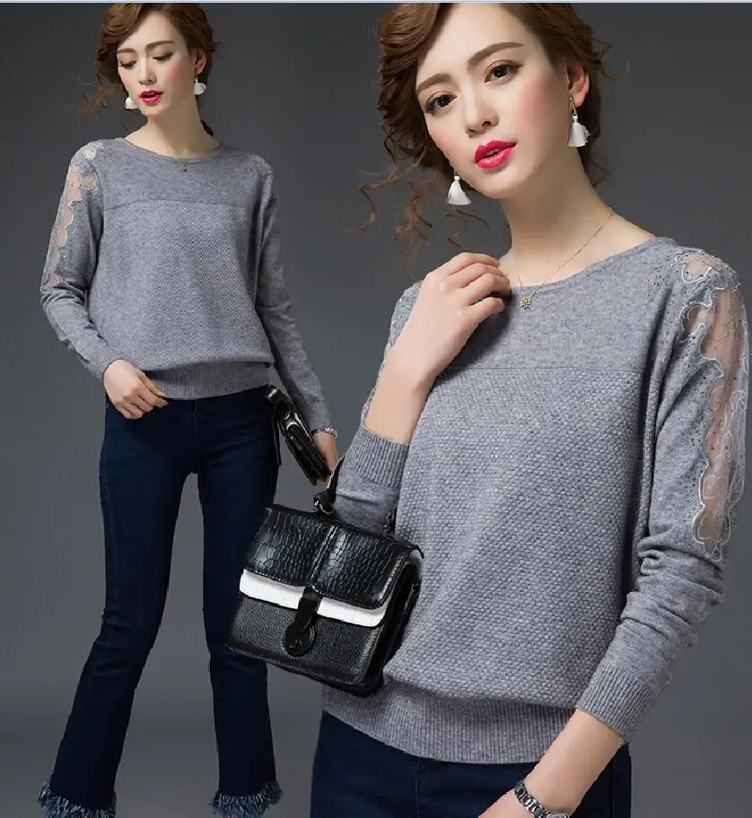 Hot Sale Women's Lace Sweater Spring & Autumn Fashion Lace Splicing Sleeve Knit Round Neck 